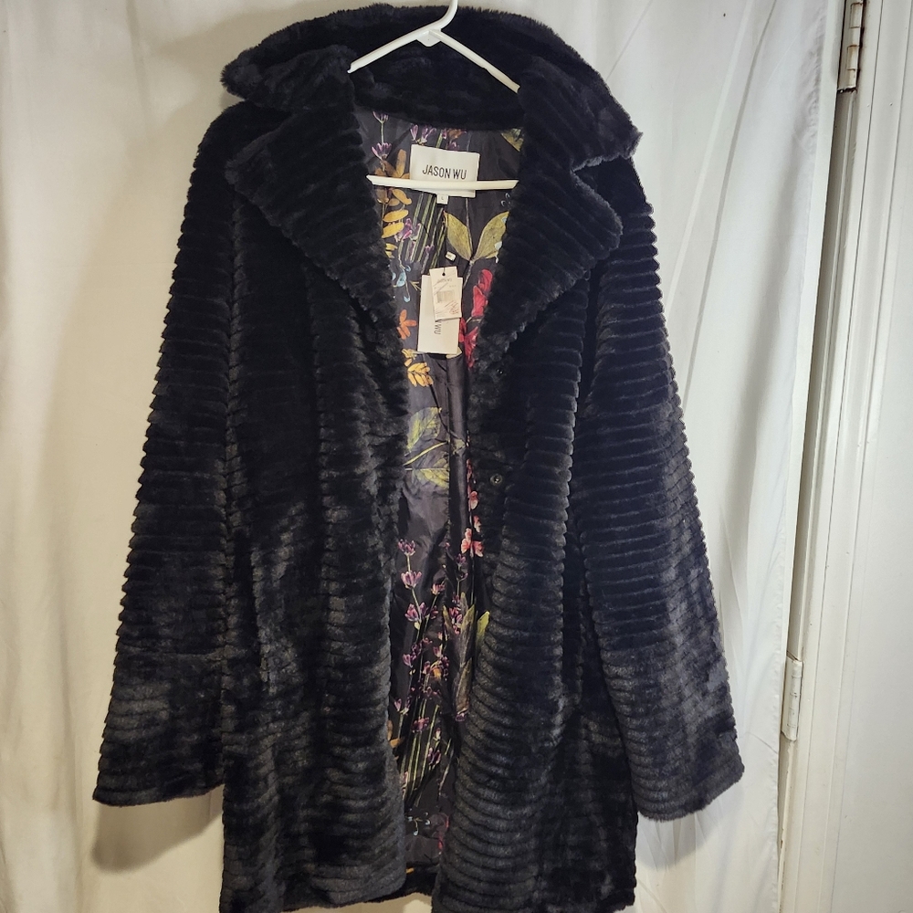 Jason Wu Women’s Faux Fur Ribbed Winter Coat Black Size L